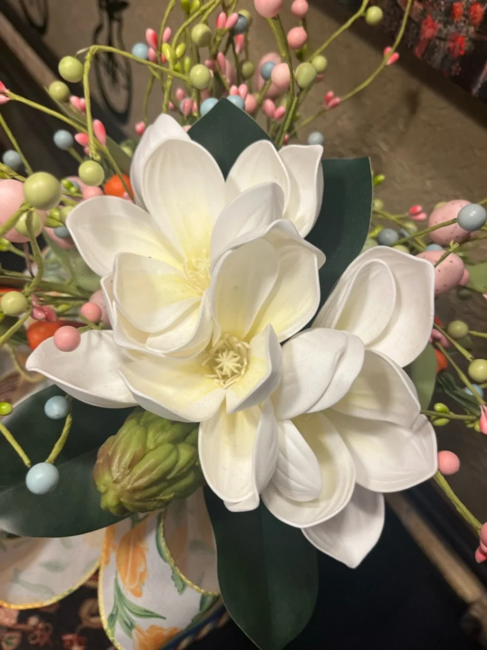 Floral Magnolia Spring Berry Arrangement with Yellow Ribbon - Home Accents